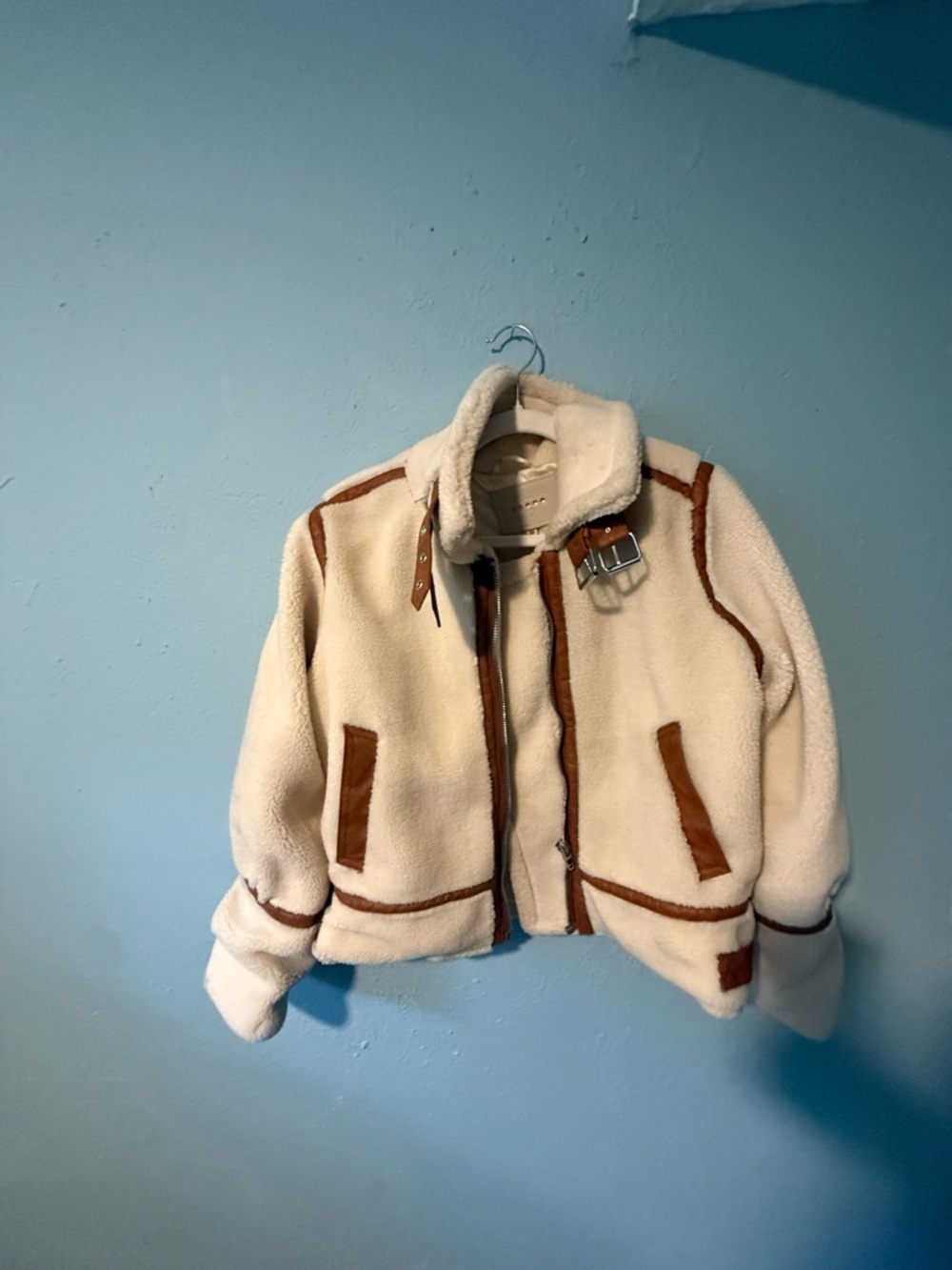 Blank NyC Cream Sherpa Aviator Jacket with Brown Trim